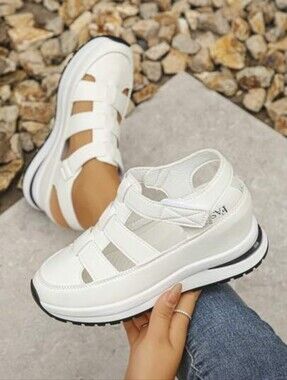 New White Closed Toe Platform Wedge Sandals Hollow Out Sneakers EU 40 US 9